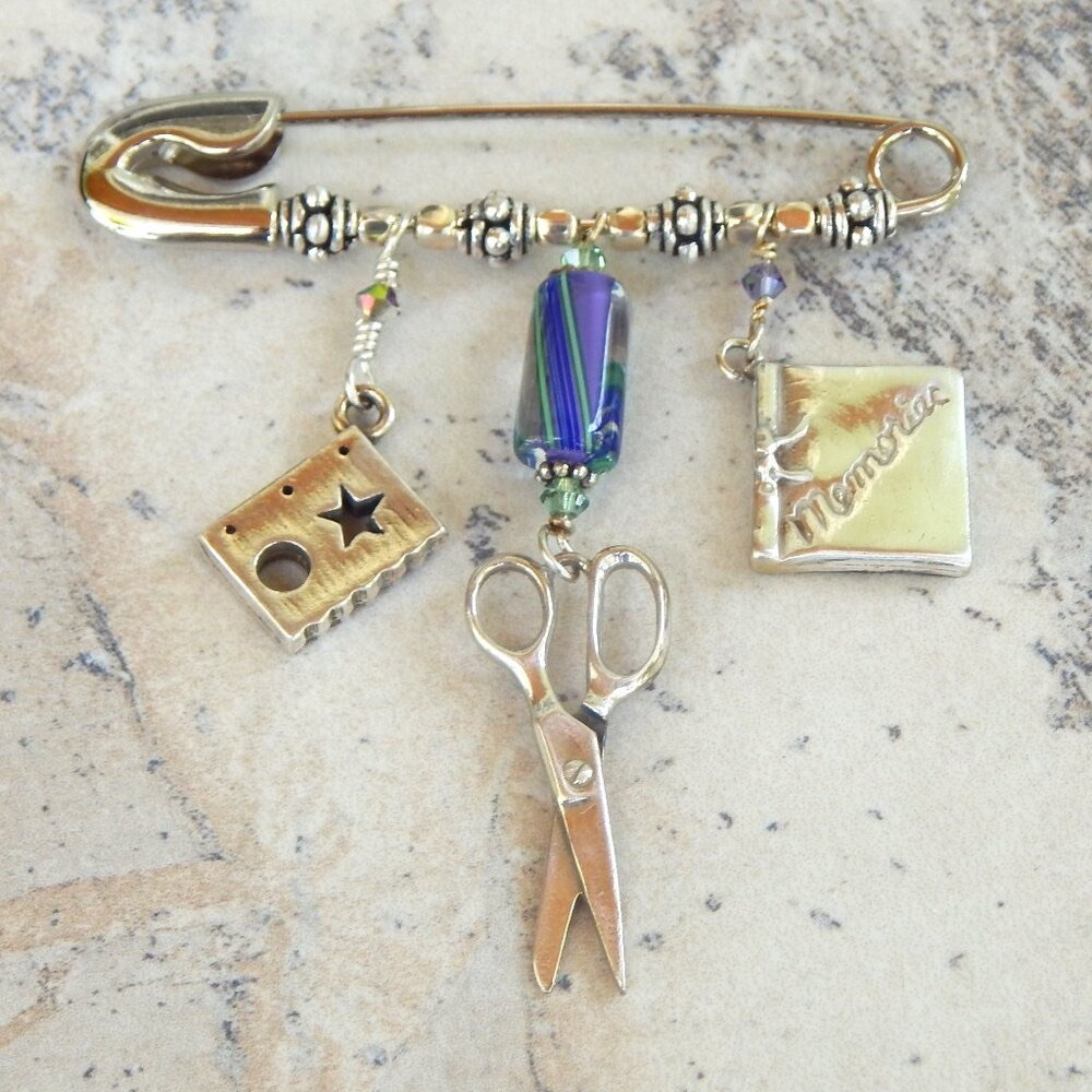 Scrapbooking Charm Pin - Sterling Silver - Cane Glass - Swarovski Crystals